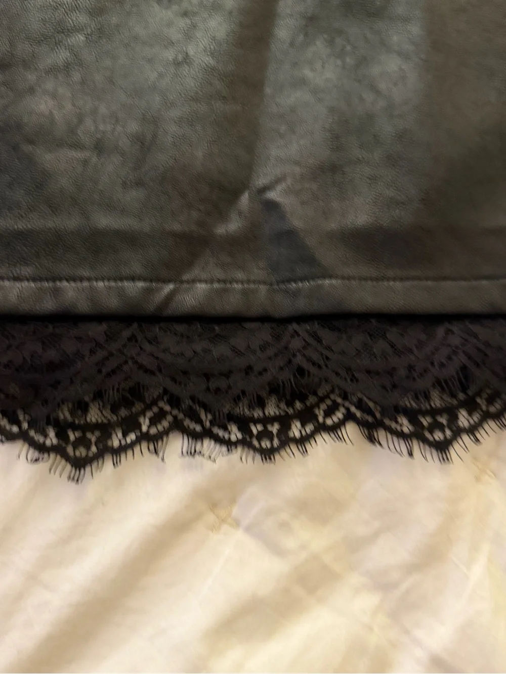 Lulu's Black Faux Leather Mini Skirt with Lace Hem